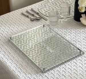 Picture of Lucite and Glass Challah Board Laser Cut Design Silver 16" x 11"